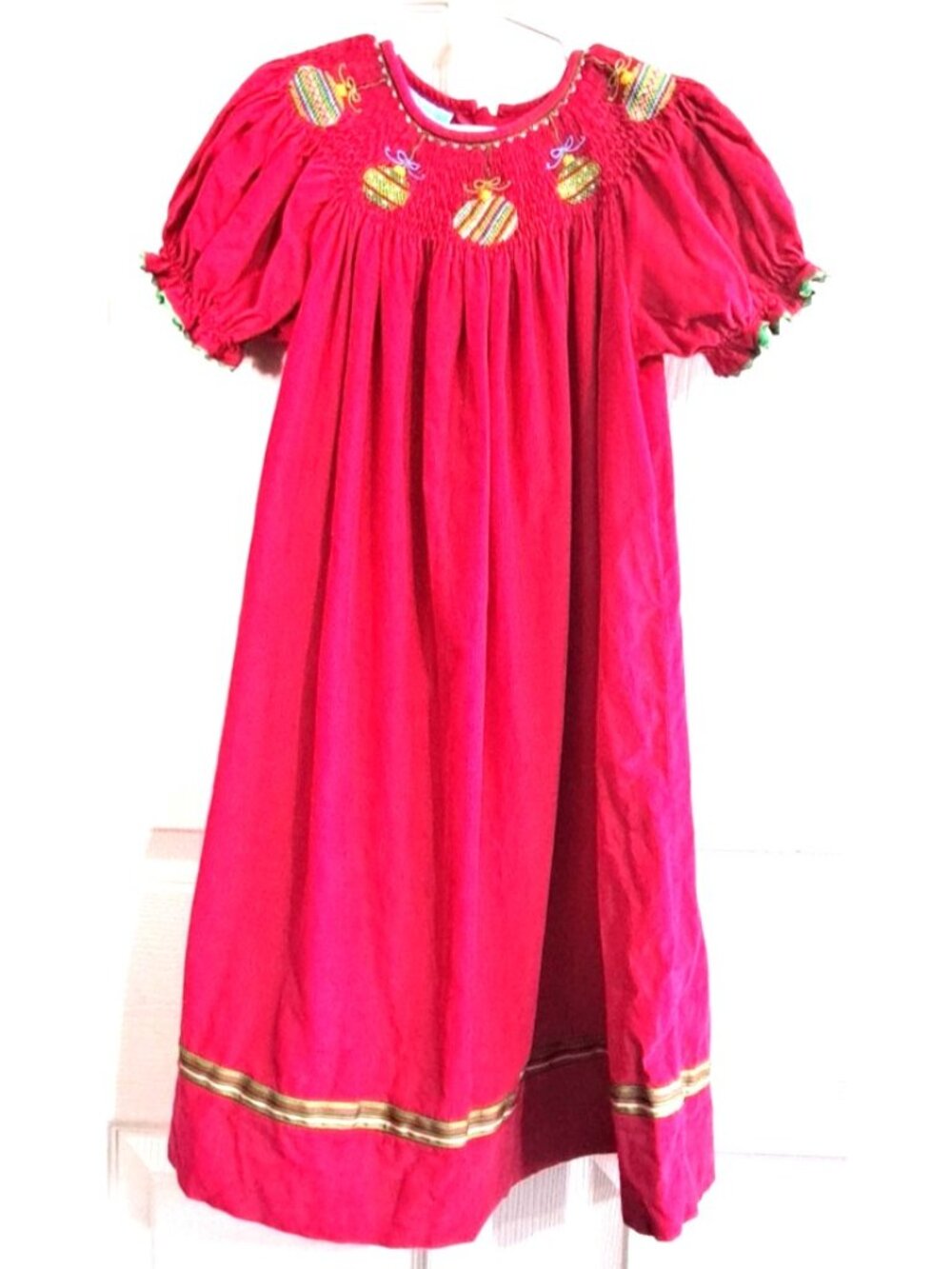 Anavini 5 Pink  Puff Sleeve Hand Smocked Embroidered Corduroy Christmas Dress